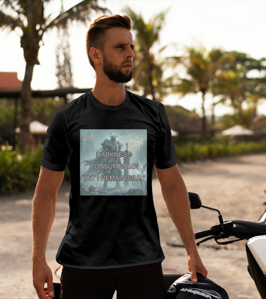 Darkness Consumes Me Yet I Remain Silly Knight In Grim Gothic Fantasy Realm T-Shirt