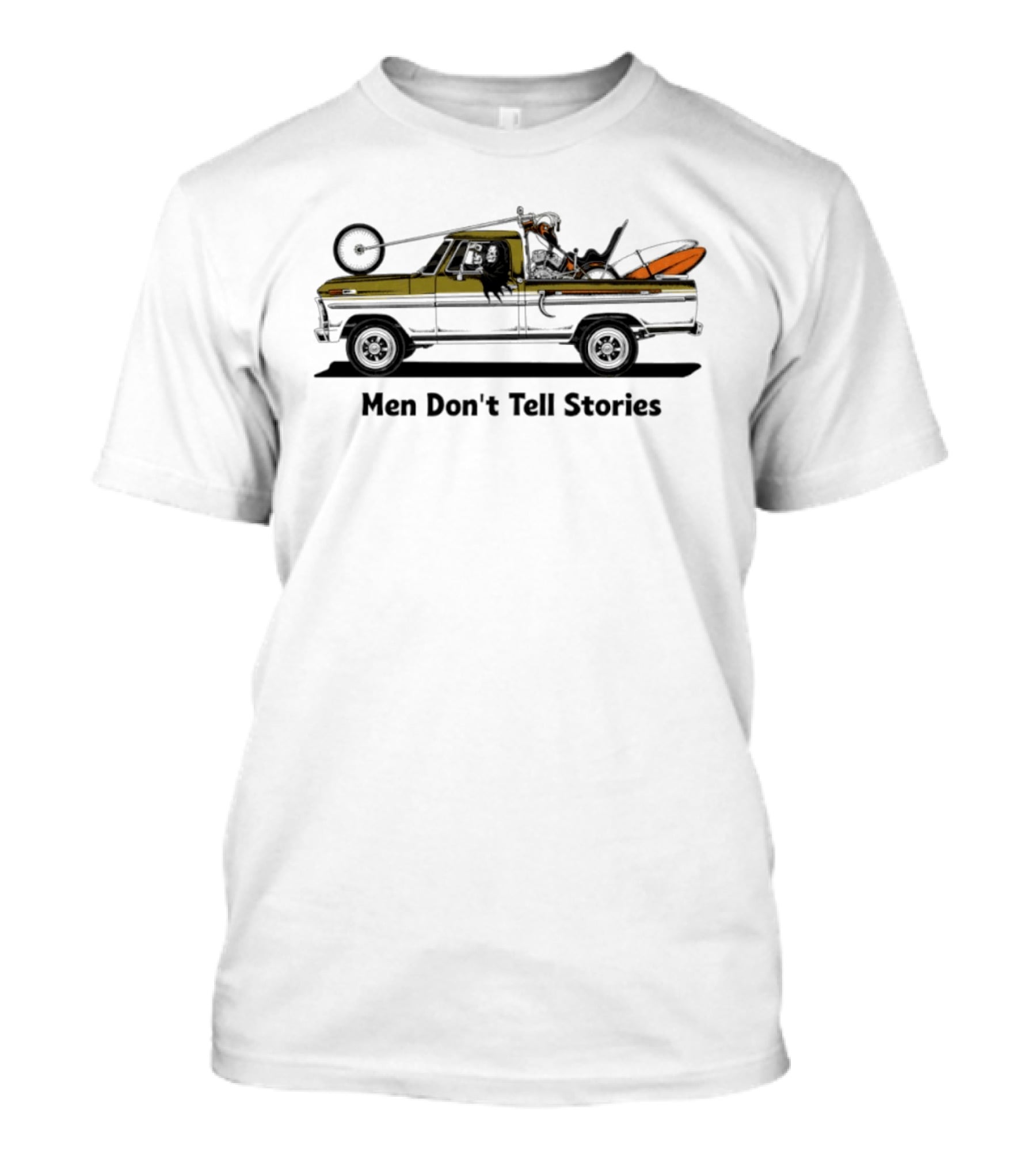 Men Don't Tell Stories Grim Reaper Chopper Motorcycle Truck Scene T-Shirt