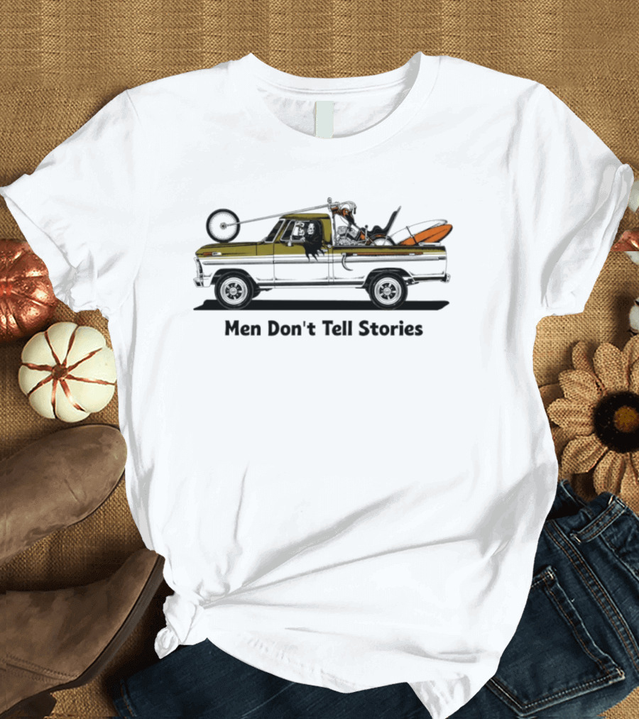 Men Don't Tell Stories Grim Reaper Chopper Motorcycle Truck Scene T-Shirt