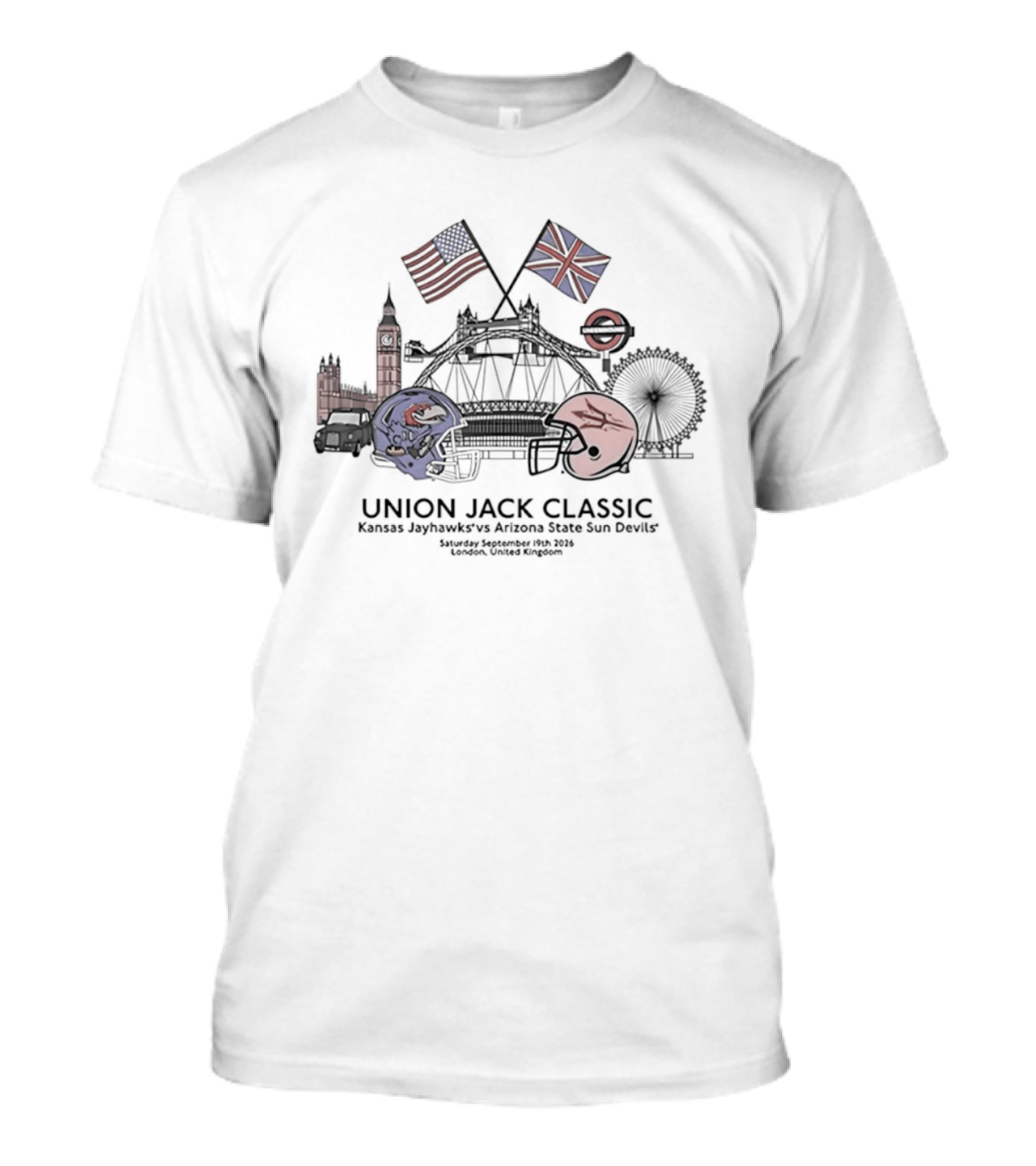 Union Jack Classic Kansas Jayhawks Vs Arizona State Sun Devils London 2026 Football Helmets Big Ben London Eye Stadium T-Shirt
