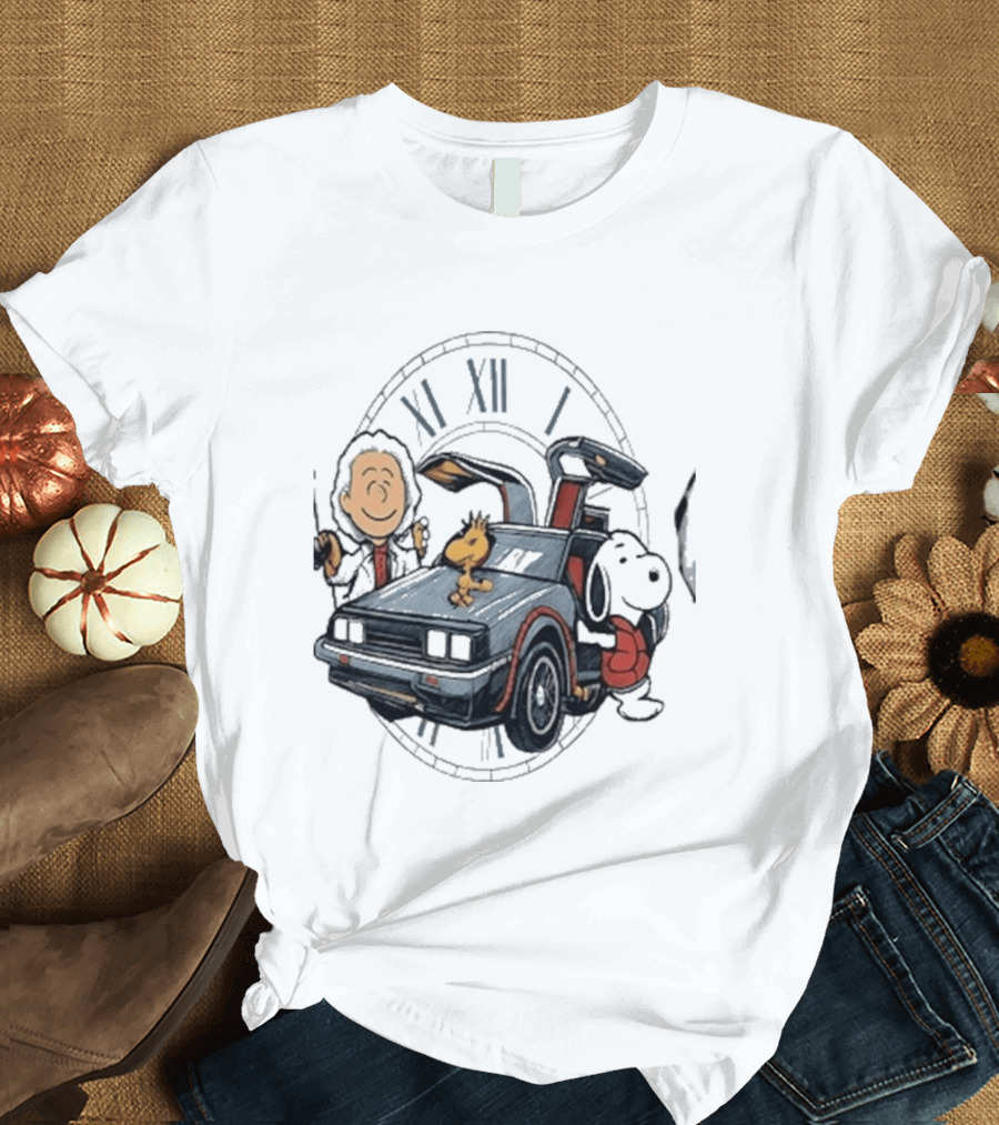 Peanuts Characters With DeLorean Time Machine And T-Shirt