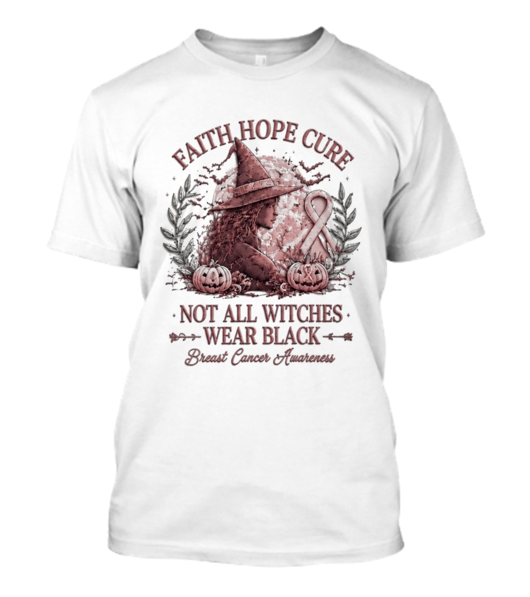 Faith Hope Cure Not All Witches Wear Black Breast Cancer Awareness Pumpkin Hat T-Shirt