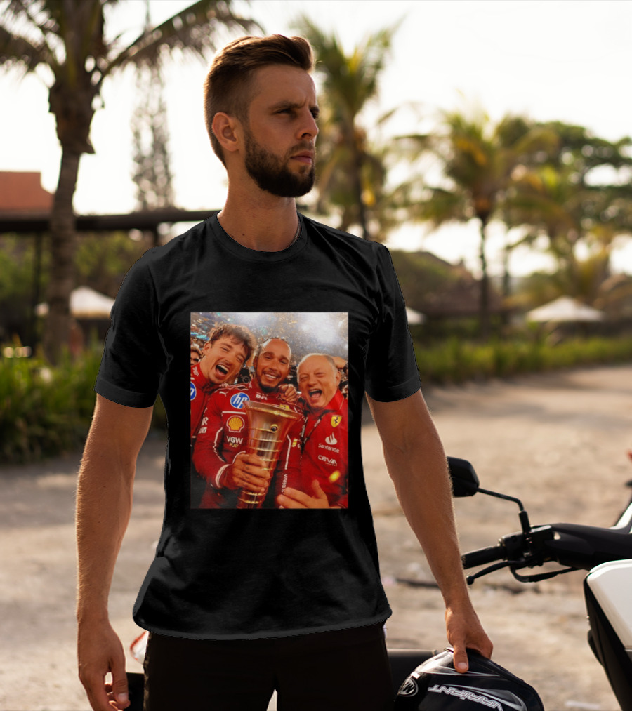 Charles Leclerc Lewis Hamilton Frederic Vasseur Ferrari Victory Celebration Trophy BP Shell Santander CEVA Racing T-Shirt