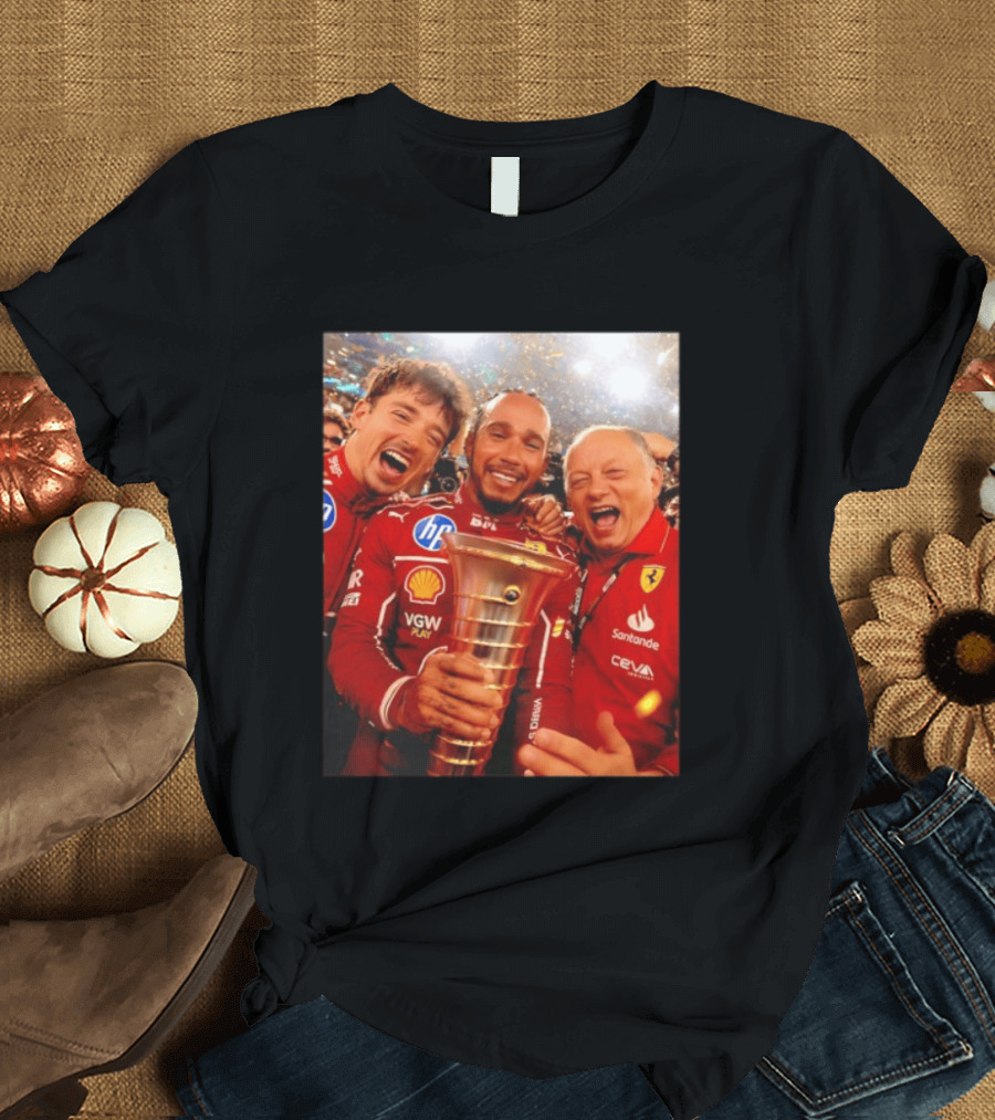 Charles Leclerc Lewis Hamilton Frederic Vasseur Ferrari Victory Celebration Trophy BP Shell Santander CEVA Racing T-Shirt