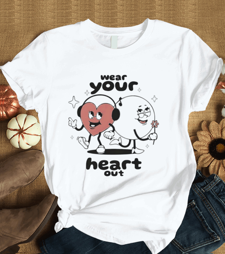 Wear Your Heart Out Love Aesthetic Headphones And Flower Cartoon Characters T-Shirt