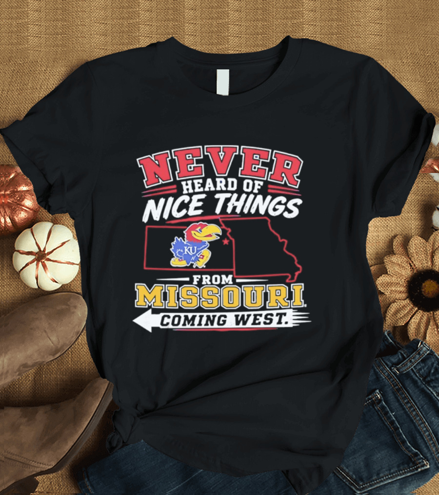 Never Heard Of Nice Things From Missouri Coming West Kansas Jayhawks KU Bird Map T-Shirt