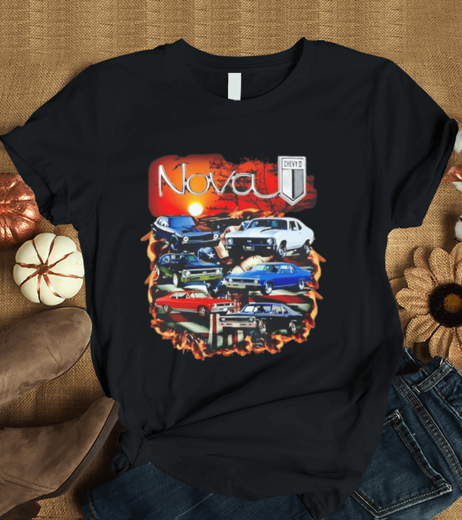 Nova Chevy II American Flag Muscle Car Collection Vintage Sunset T-Shirt