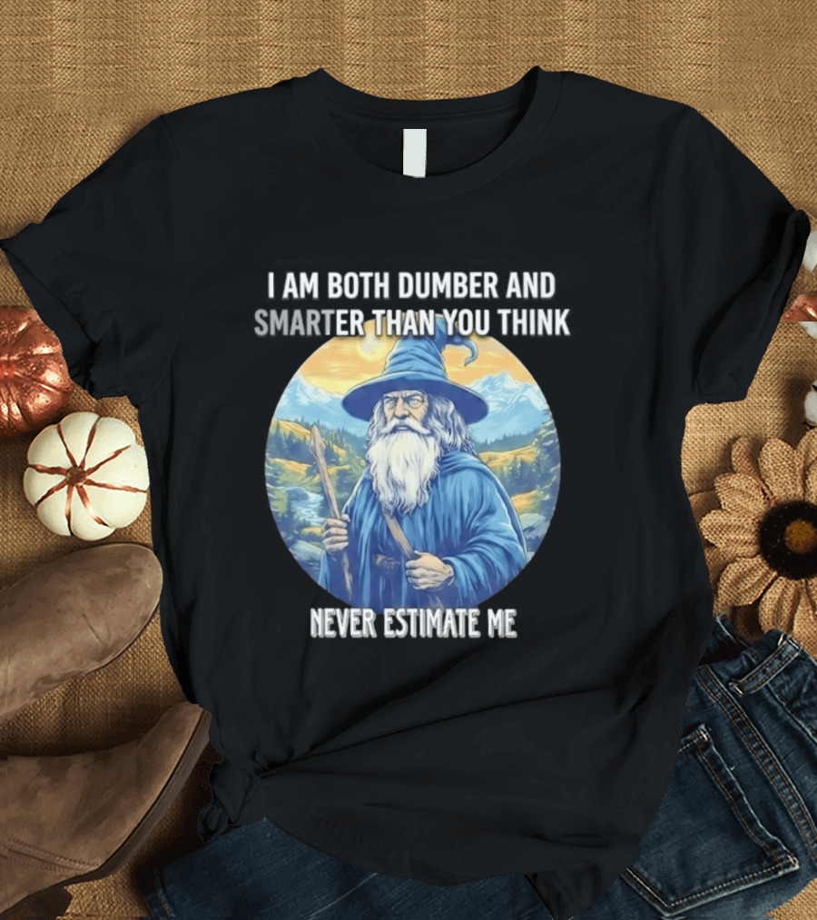 I Am Both Dumber And Smarter Than You Think Never Estimate Me Wizard Blue Robe And Hat Mountain T-Shirt