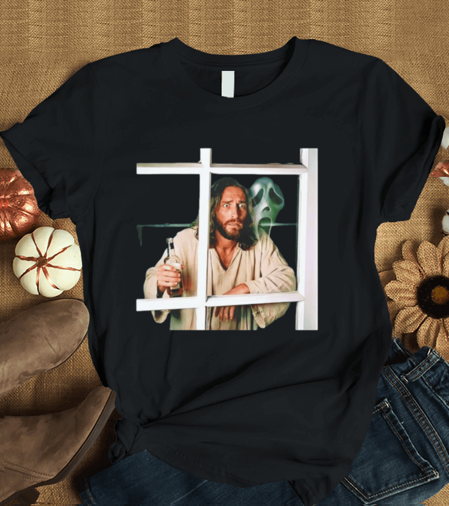 Jesus Drinking Whiskey With Ghostface Killer Behind Window T-Shirt