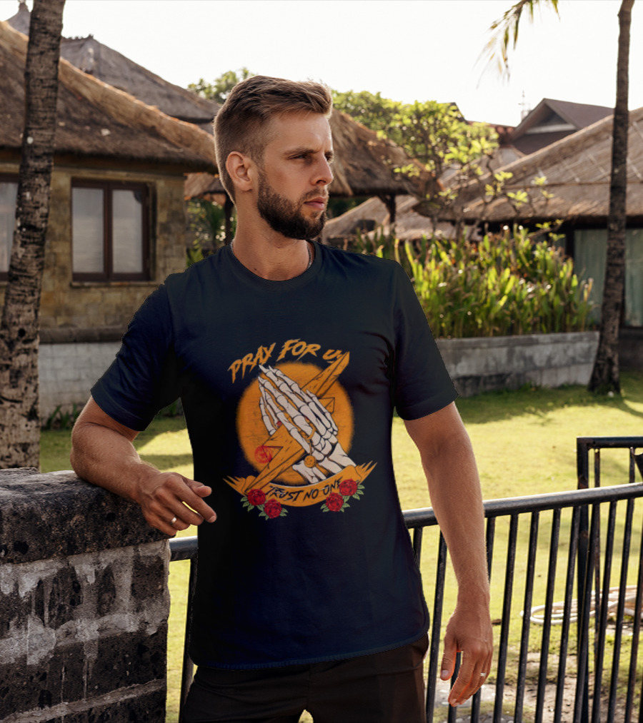 Pray For Us Trust No One Skeleton Hands Lightning Bolt Rose T-Shirt
