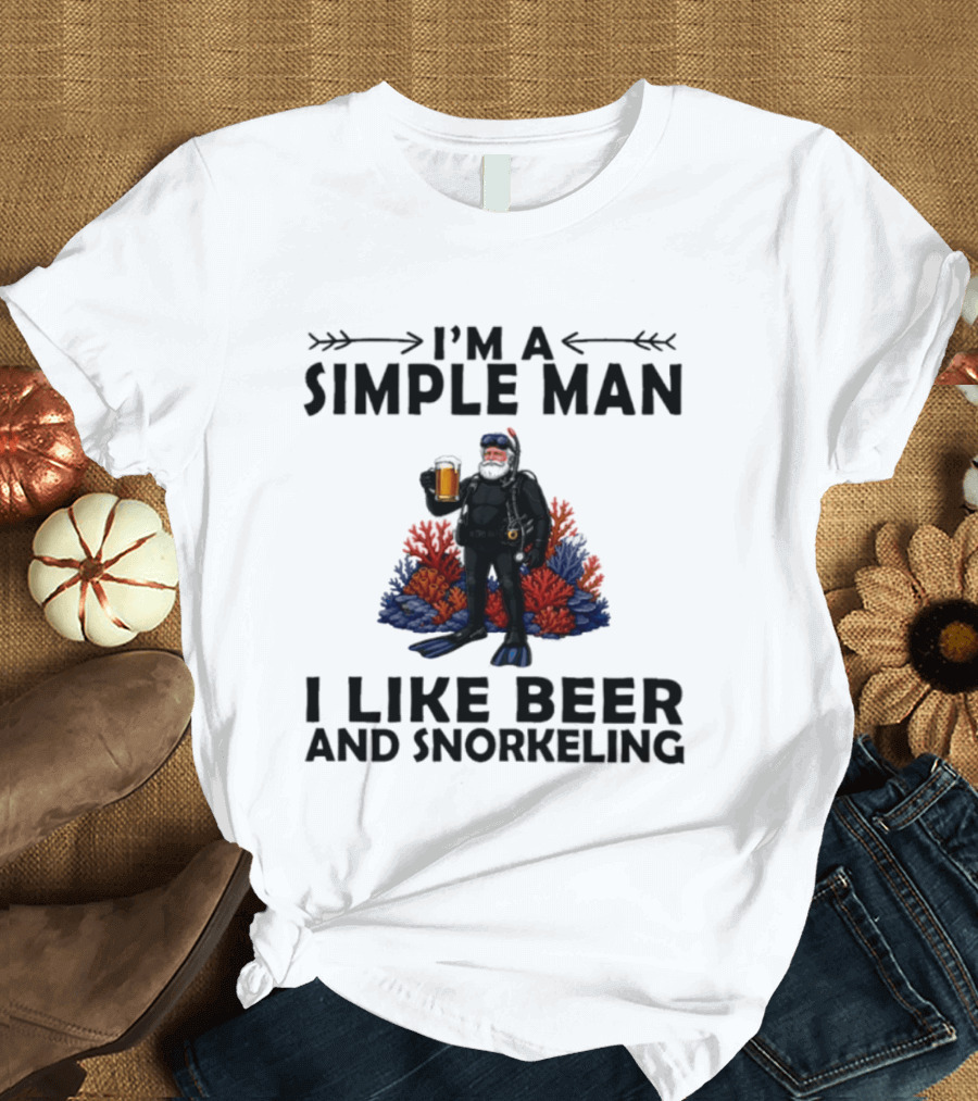 I'm A Simple Man I Like Beer And Snorkeling Diver Holding With Coral T-Shirt