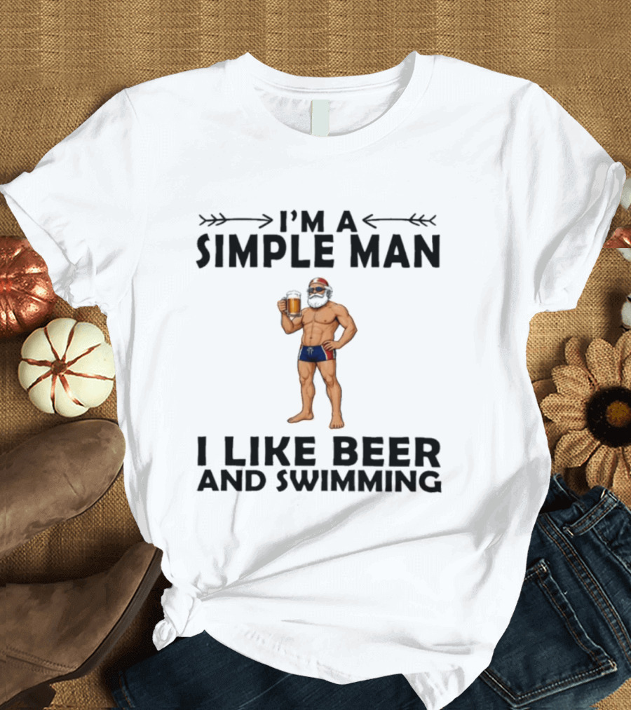 I'm A Simple Man I Like Beer And Swimming Funny Bearded Swimmer With Beer T-Shirt