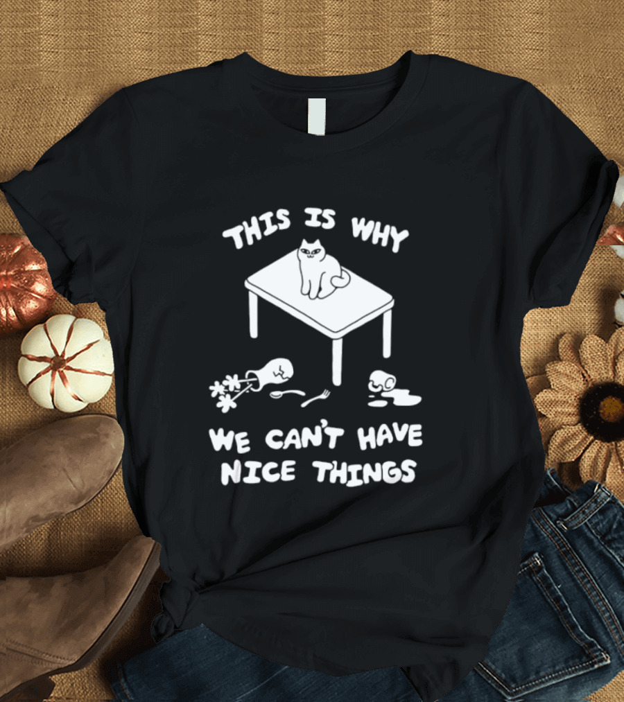 This Is Why We Can't Have Nice Things Cat On Table Spilled Cup And Fork T-Shirt