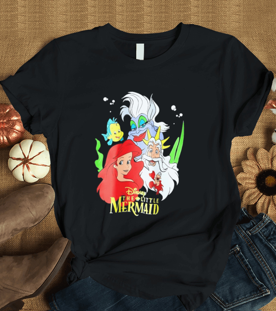 Disney The Little Mermaid Ariel Ursula King Triton Flounder Characters T-Shirt