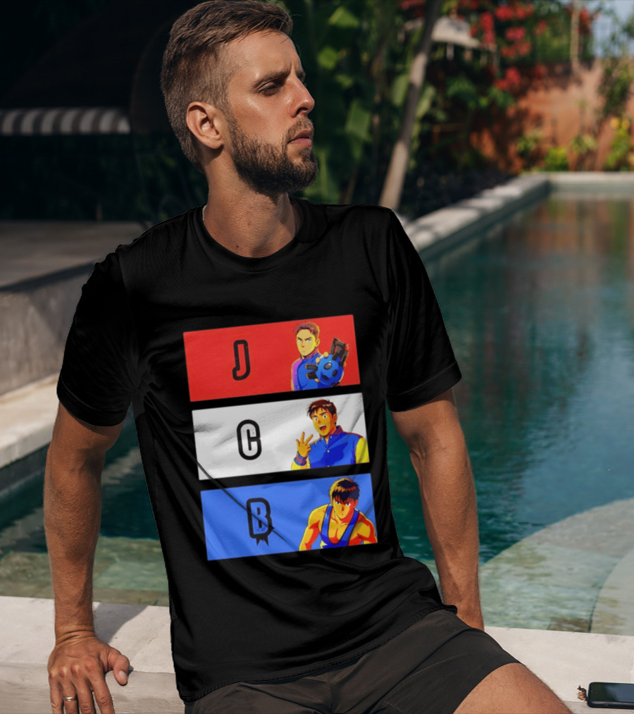 JCB Anime Characters Red White Blue Panels T-Shirt