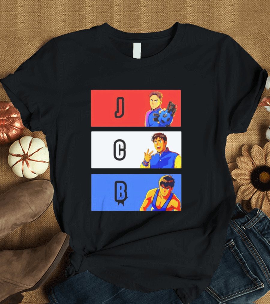 JCB Anime Characters Red White Blue Panels T-Shirt