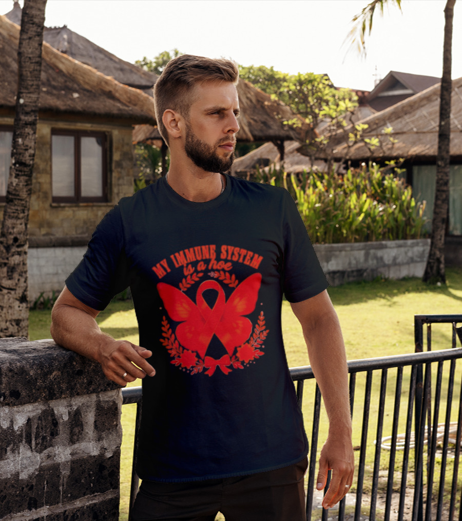 My Immune System Is A Hoe Autoimmune Disease Red Ribbon Butterfly T-Shirt