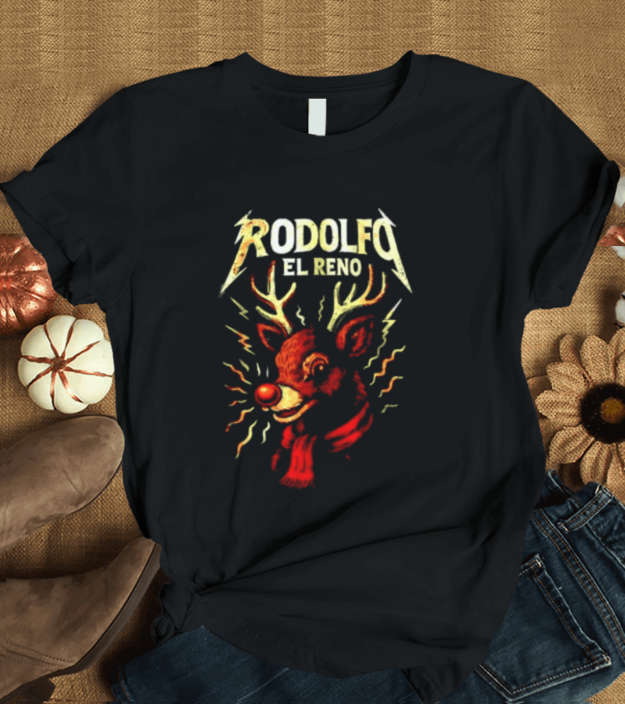 Rodolfo El Reno Heavy Metal Reindeer Christmas Lightning Antlers T-Shirt