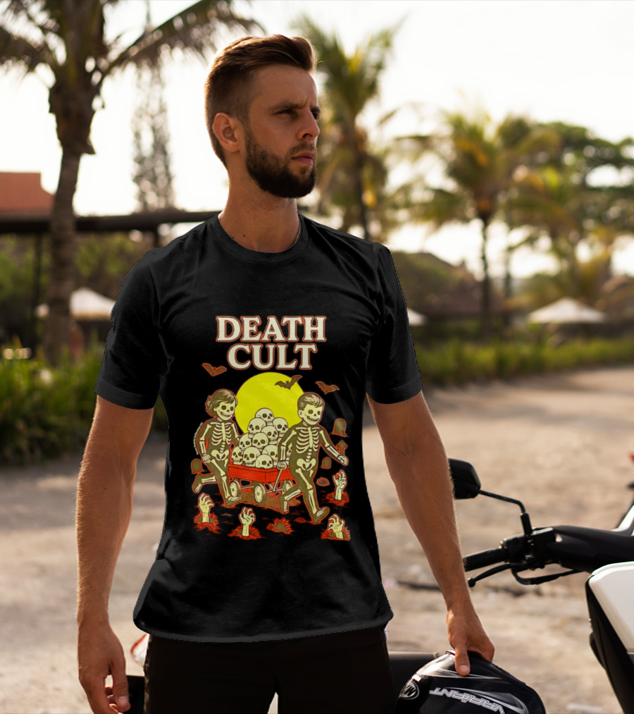 Death Cult Skeleton Kids Hauling Skull Filled Wagon With Rising Hands And Bats T-Shirt