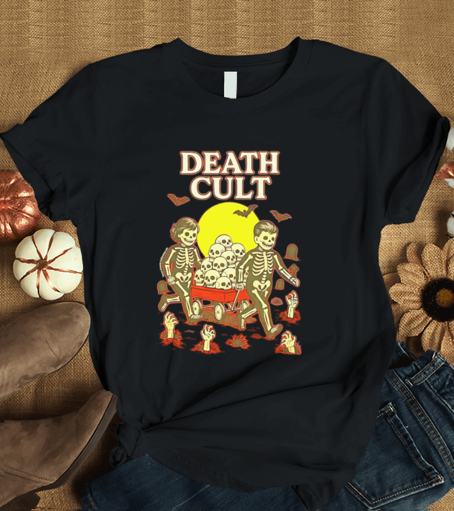 Death Cult Skeleton Kids Hauling Skull Filled Wagon With Rising Hands And Bats T-Shirt