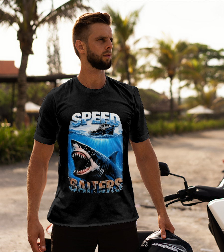 Speed Baiters Shark With Boat And Ocean T-Shirt