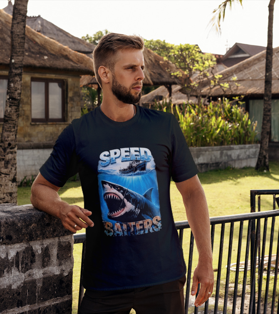 Speed Baiters Shark With Boat And Ocean T-Shirt