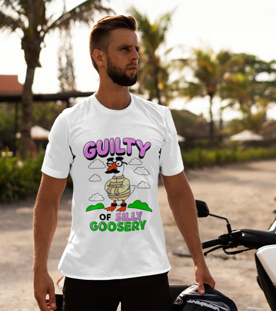 Guilty Of Silly Goosery Cartoon Goose In Striped Suit T-Shirt