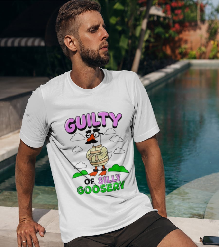 Guilty Of Silly Goosery Cartoon Goose In Striped Suit T-Shirt