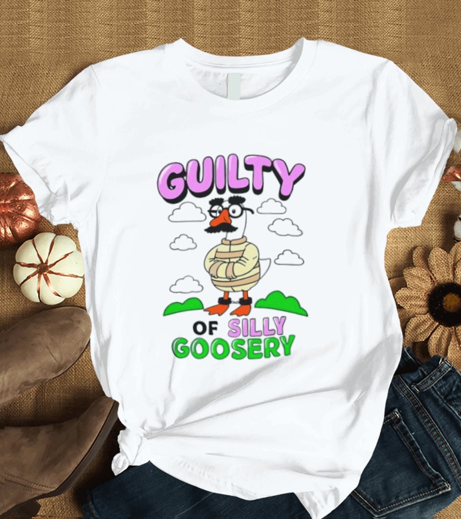 Guilty Of Silly Goosery Cartoon Goose In Striped Suit T-Shirt