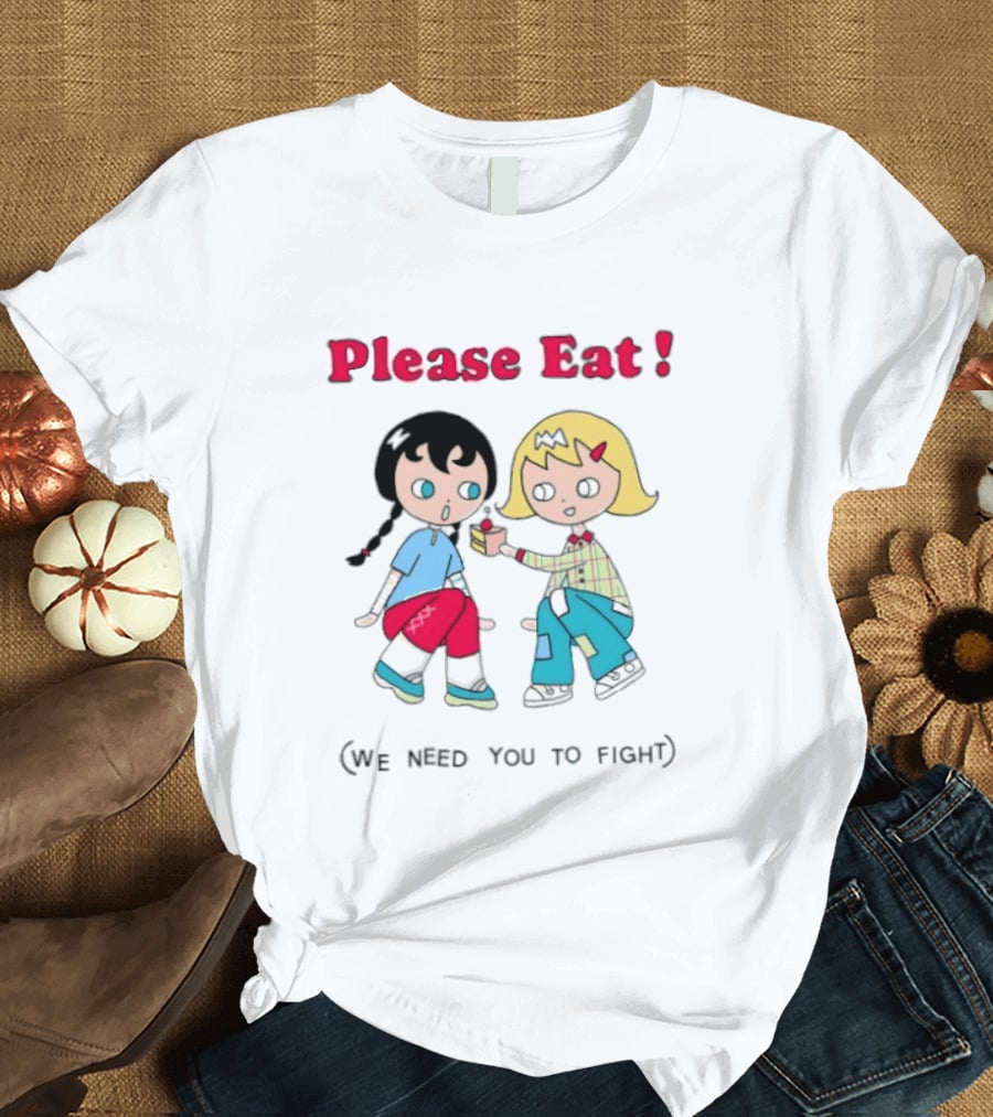 Please Eat We Need You To Fight Vintage Anime Style Cartoon Characters Sharing Food T-Shirt