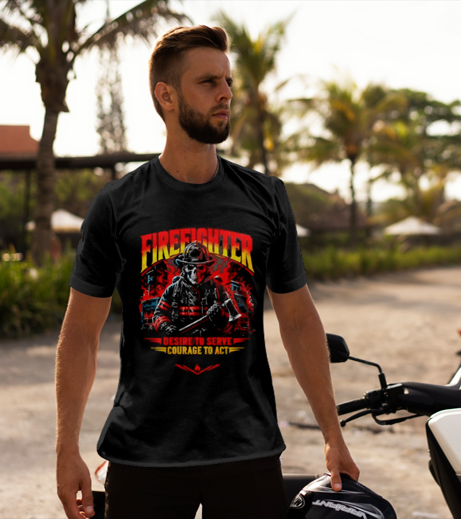 Firefighter Skull Desire To Serve Courage To Act Vintage Fireman Helmet And Axe T-Shirt