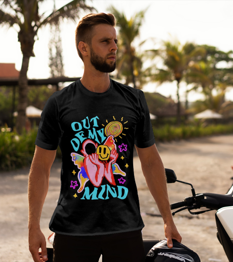 Out Of My Mind Smiley Face Butterfly Psychedelic Sunburst Fantasy Flowers T-Shirt