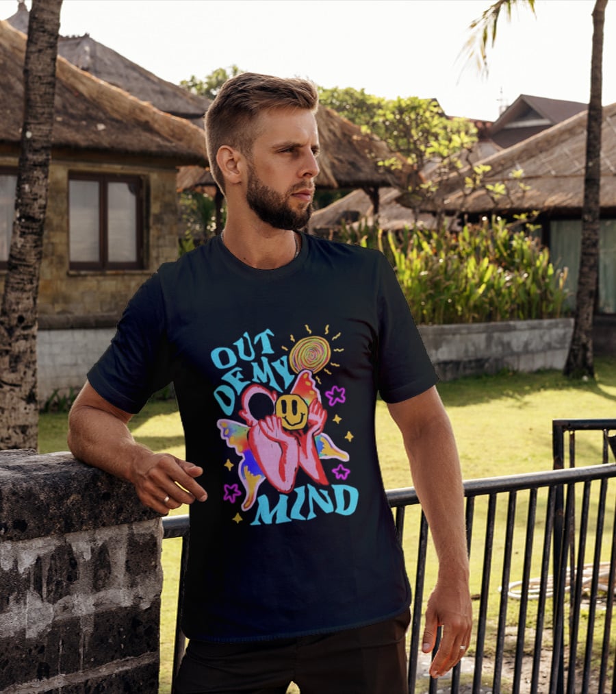 Out Of My Mind Smiley Face Butterfly Psychedelic Sunburst Fantasy Flowers T-Shirt