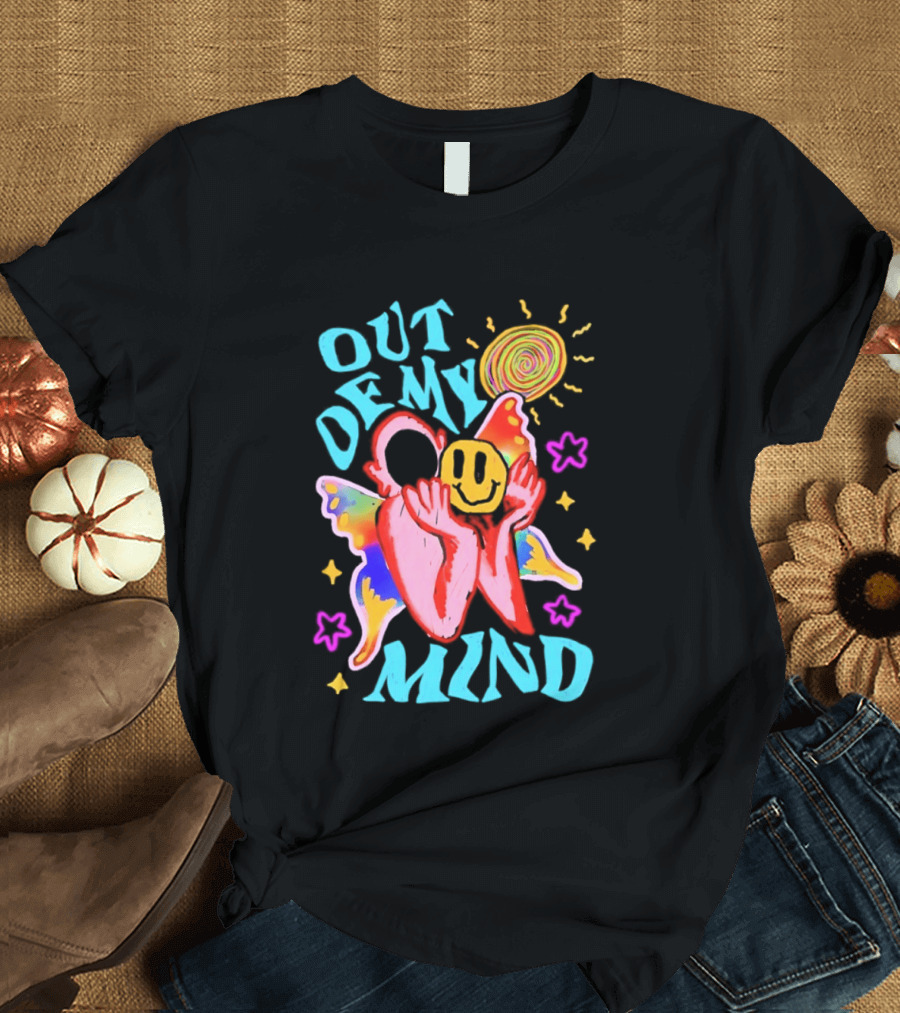 Out Of My Mind Smiley Face Butterfly Psychedelic Sunburst Fantasy Flowers T-Shirt