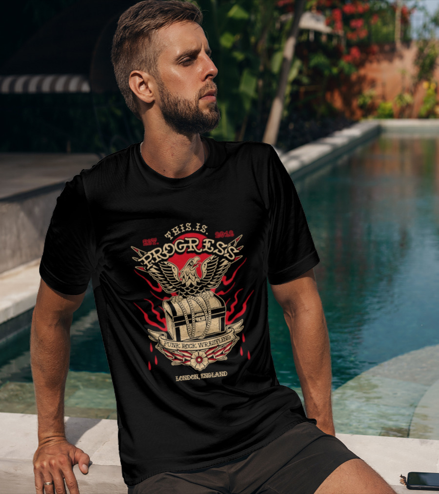 This Is Progress Punk Rock Wrestling London England Est. 2012 Eagle Chest Flames T-Shirt
