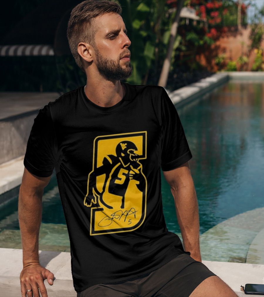West Virginia Mountaineers Number 5 Retirement Football Icon With Signature T-Shirt