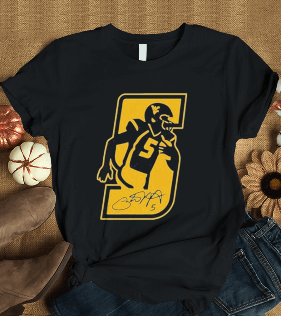West Virginia Mountaineers Number 5 Retirement Football Icon With Signature T-Shirt