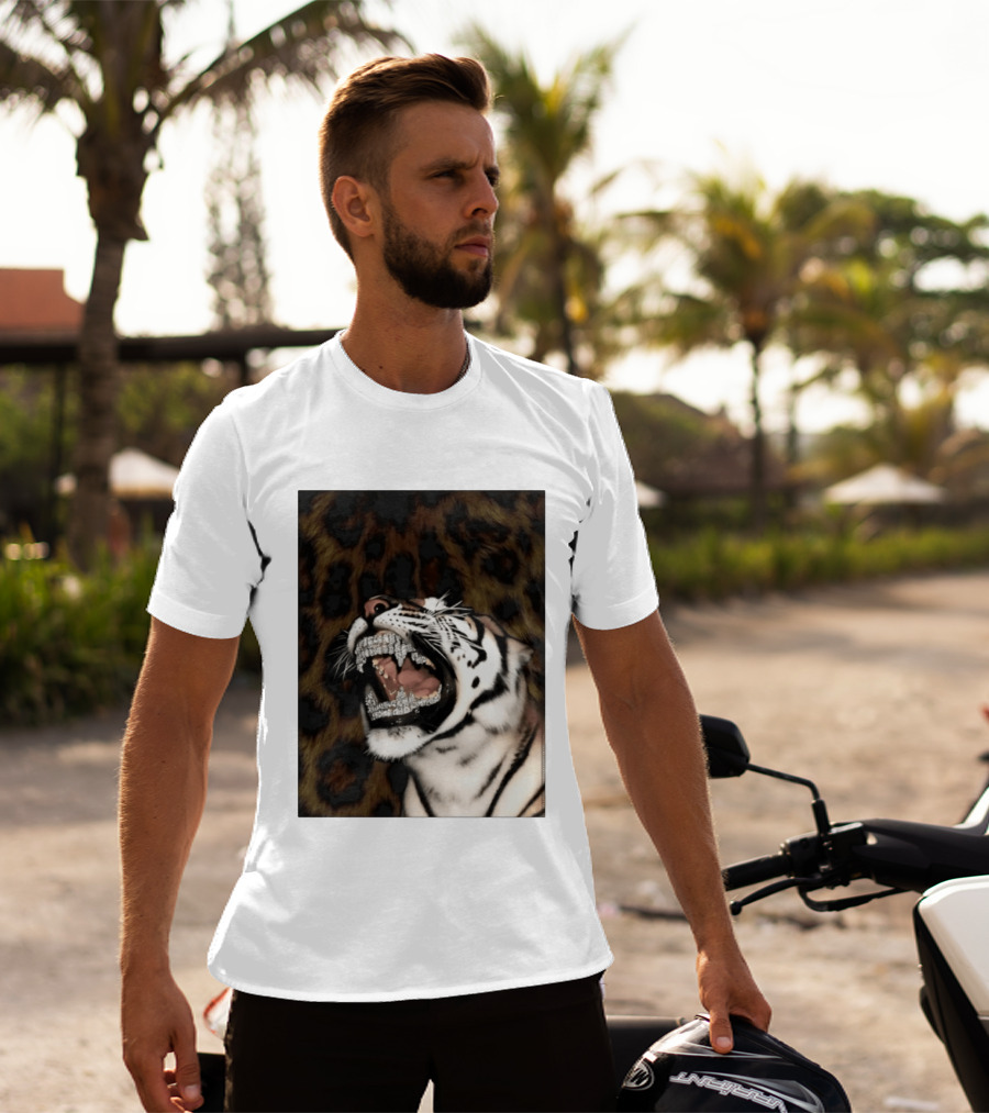 Tiger Diamond Grillz Iced Out Animal Roaring With Leopard Print T-Shirt