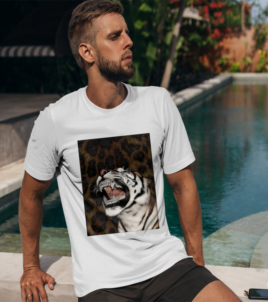 Tiger Diamond Grillz Iced Out Animal Roaring With Leopard Print T-Shirt