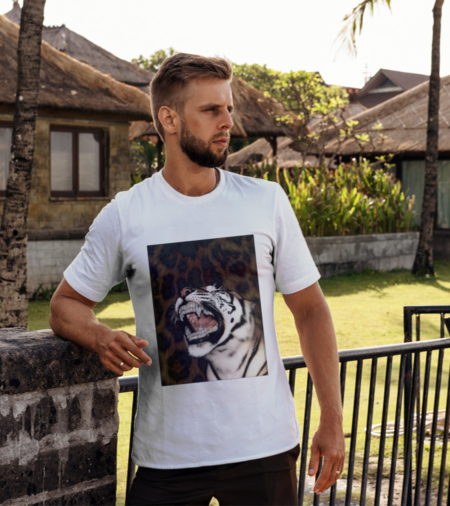 Tiger Diamond Grillz Iced Out Animal Roaring With Leopard Print T-Shirt