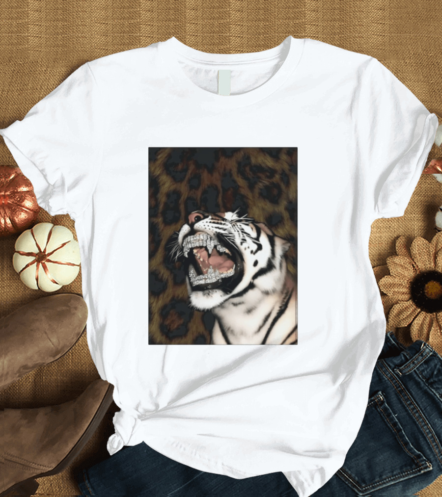 Tiger Diamond Grillz Iced Out Animal Roaring With Leopard Print T-Shirt