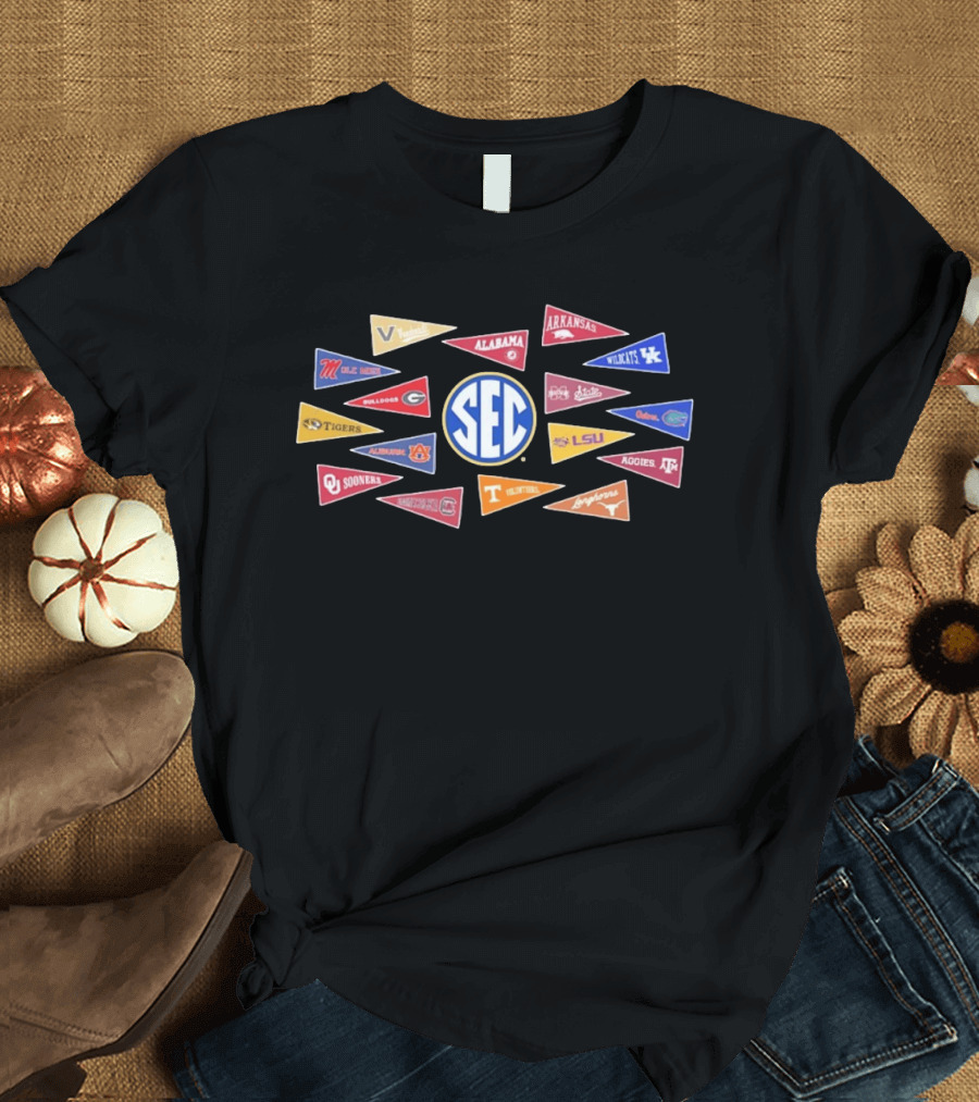 SEC Colleges Football Pennants Alabama Georgia LSU Florida Tennessee Oklahoma T-Shirt