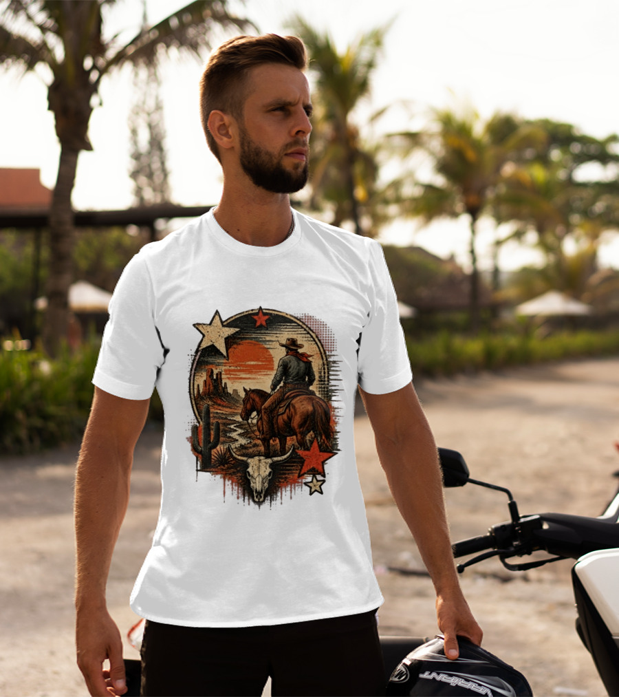 Cowboy On Horseback Under Desert Sunset With Cactus And Skull T-Shirt