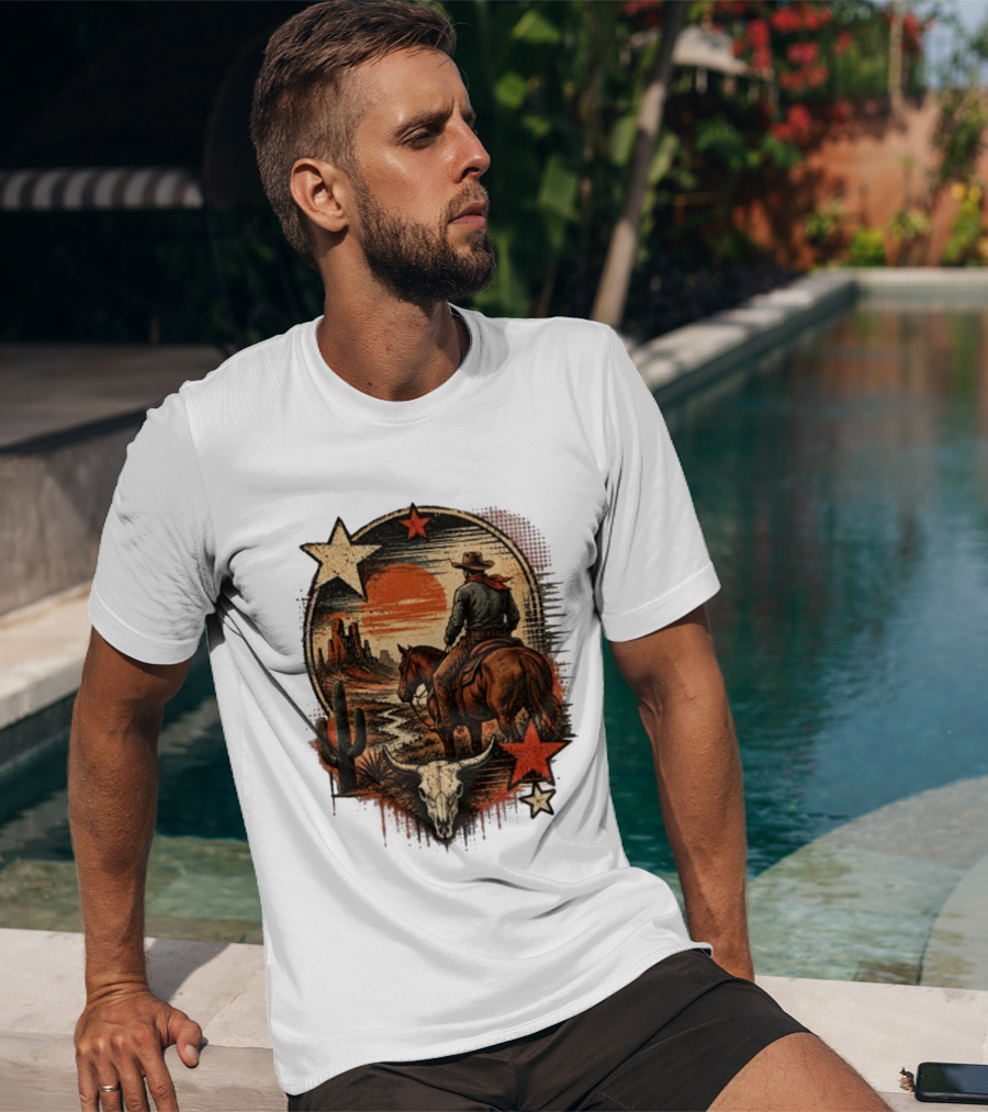 Cowboy On Horseback Under Desert Sunset With Cactus And Skull T-Shirt