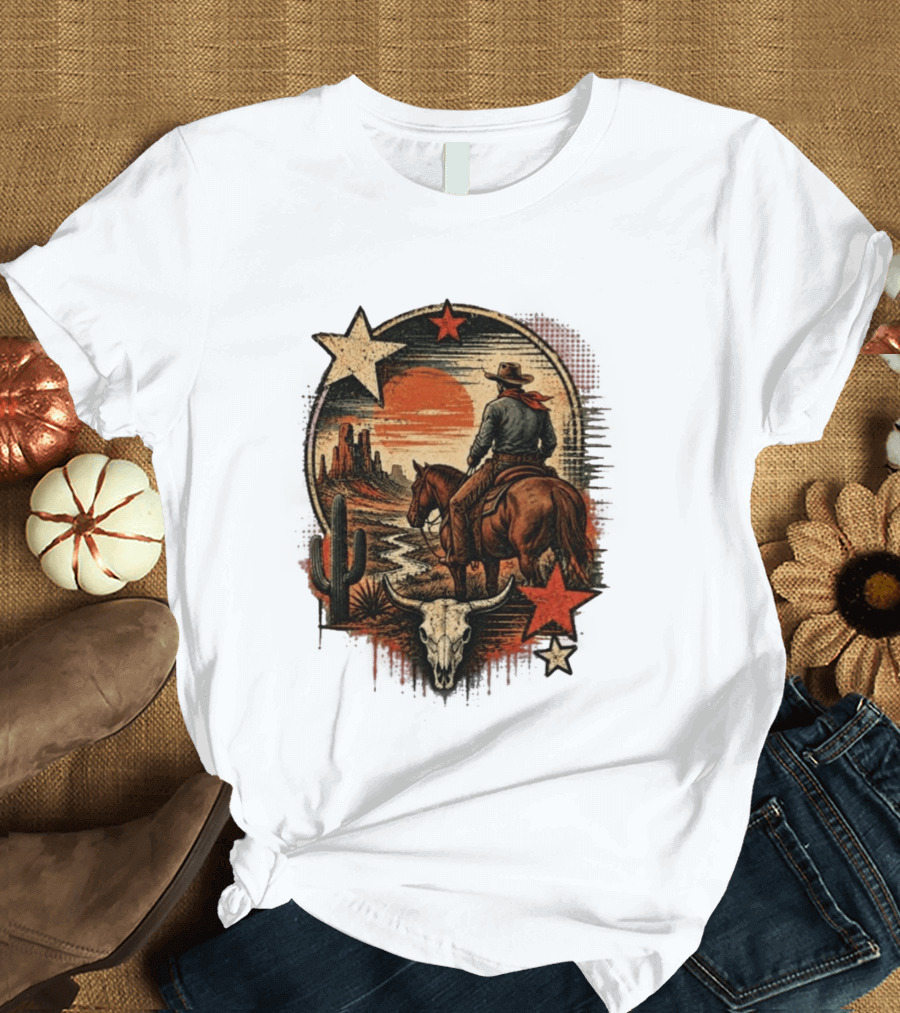 Cowboy On Horseback Under Desert Sunset With Cactus And Skull T-Shirt