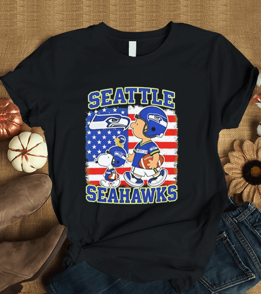 Snoopy Charlie Brown Seattle Seahawks American Flag Football T-Shirt