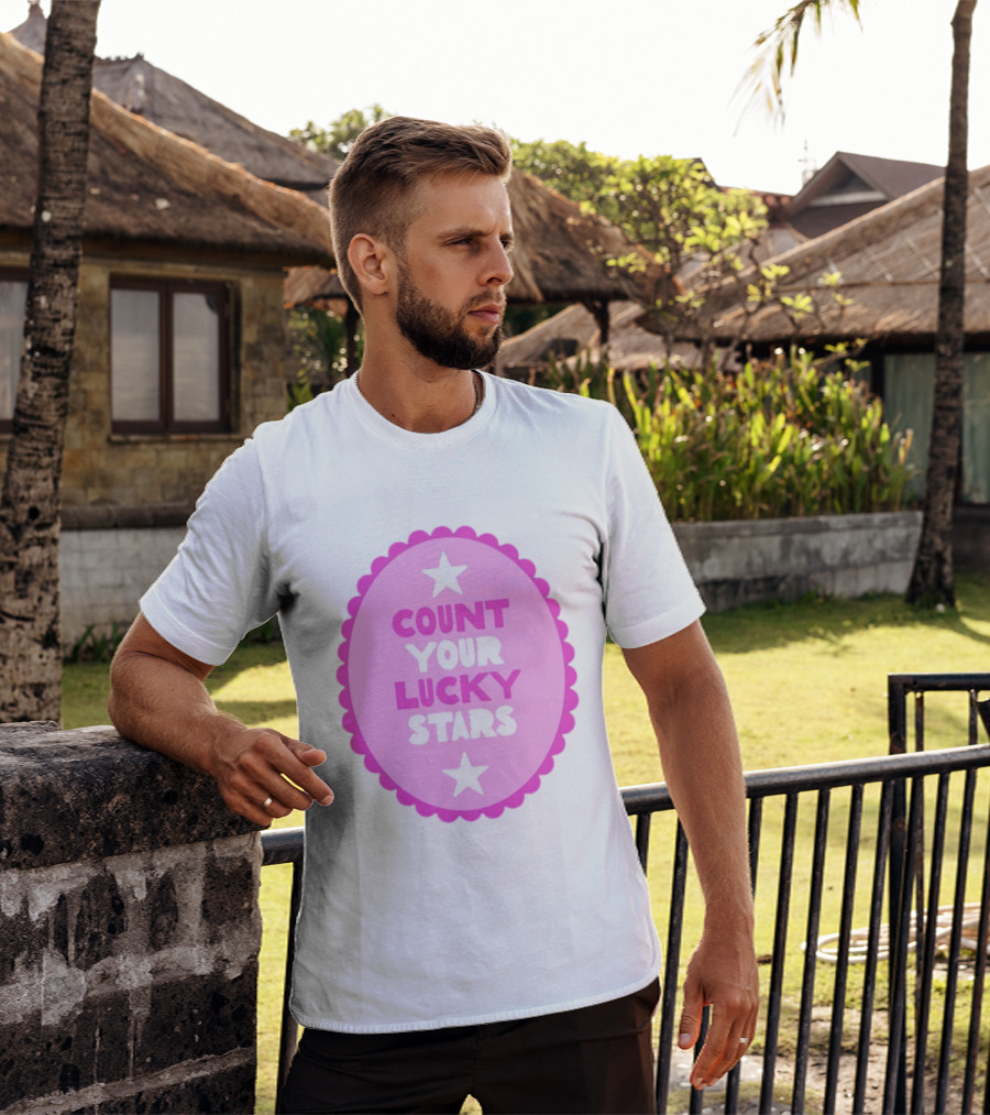 Count Your Lucky Stars Pink Oval Motivational Message T-Shirt