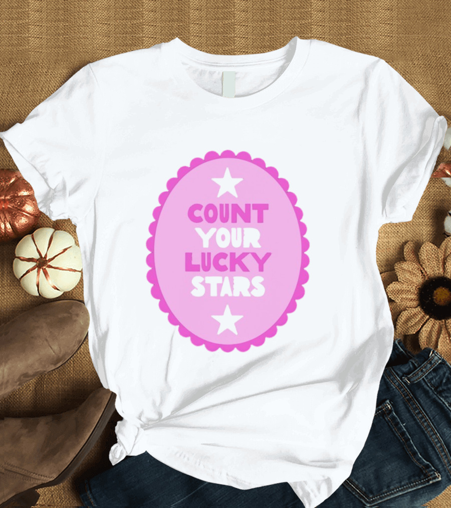 Count Your Lucky Stars Pink Oval Motivational Message T-Shirt