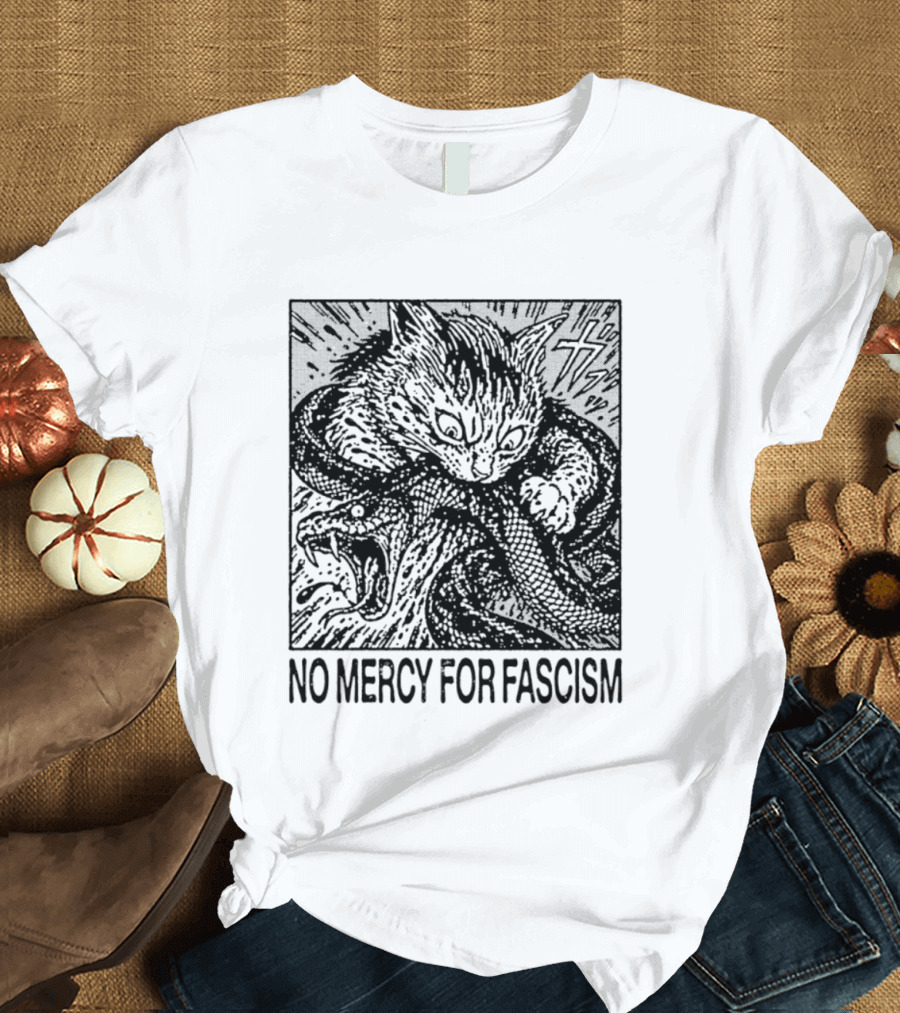 No Mercy For Fascism Cat Fighting Snake T-Shirt