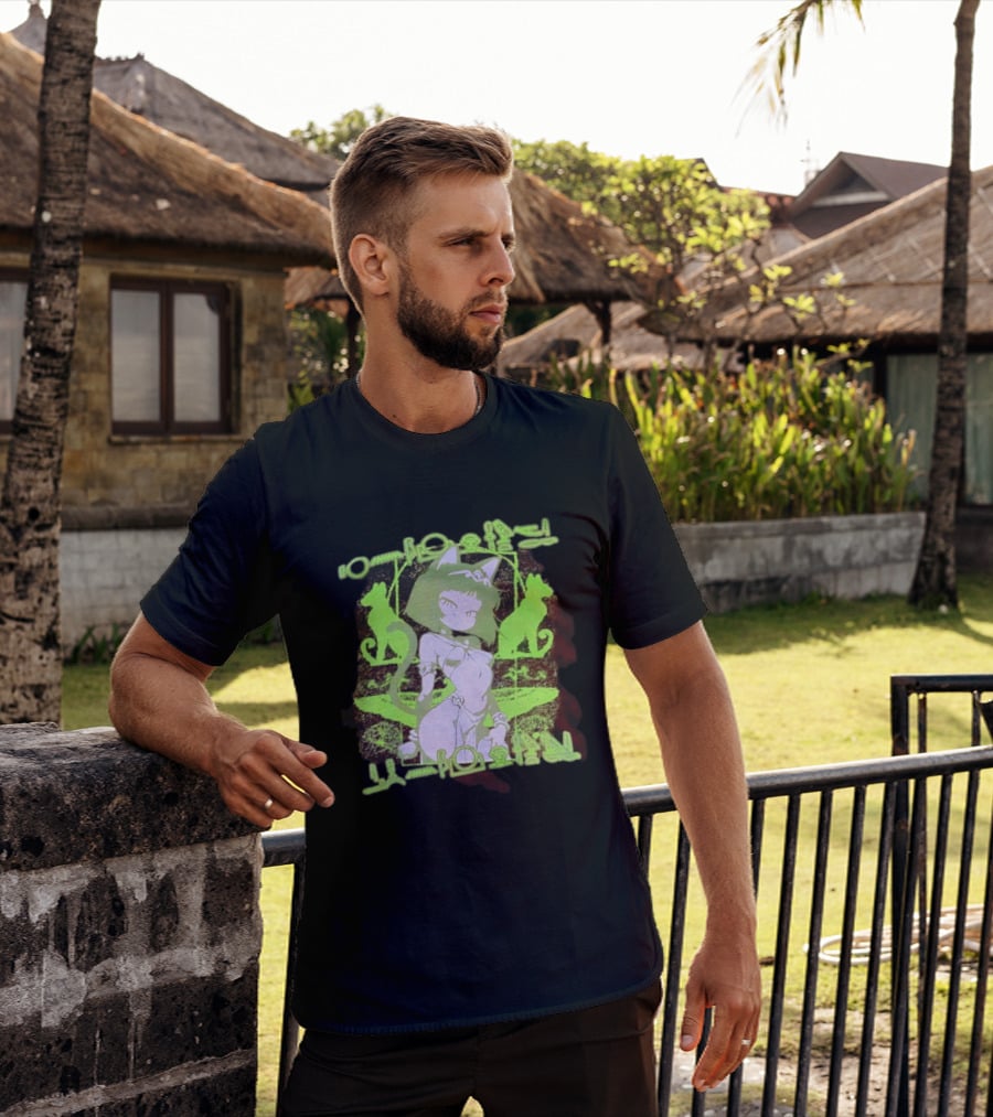 Anime Cat Girl Egyptian Hieroglyphics Neon Green Aesthetic T-Shirt